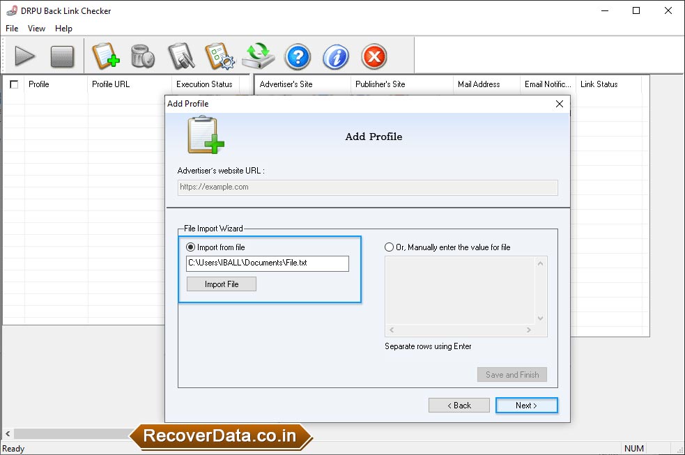 Import from file BackLink Checker Utility Screenshots